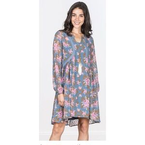 Matilda Jane To‎ The Nines Blue Pink Boho Floral Dot Lined Long Sleeve Dress M